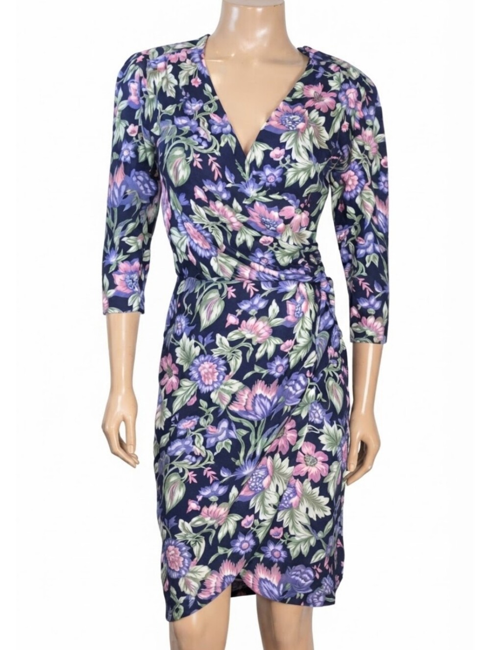 Vintage 80s Tareti Petites Howard Levi Floral Wrap Midi Dress Size 8P Blue Pink